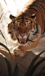 a tiger is laying down on the rocks