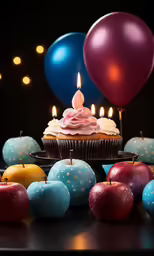a cupcake with pink candle surrounded by balloons