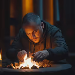 the man is lighting a candle while wearing his coat