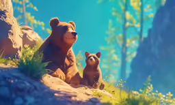 an adult and a baby bear sitting in the grass