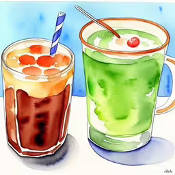 a pair of glasses with drinks inside of them,two iced drinks on a table next to each other