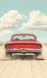 a vintage red car is driving through the sand