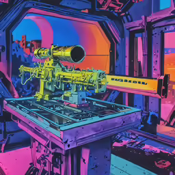 a machine is surrounded by an abstract color image