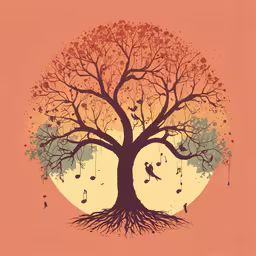 the tree with lots of leaves is against the background of an orange sky,this is a tree and its roots are connected