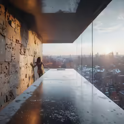 there is a person looking out of the glass wall