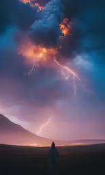 a woman standing on top of a mountain under a lightning filled sky