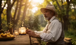 a man wearing a hat is holding a lit candle in the forest