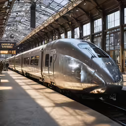 a silver train that is parked in a station
