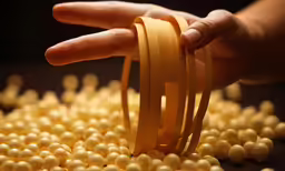 a stack of yellow beads on the ground next to a hand