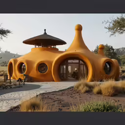 an unusual looking building made from yellow clay