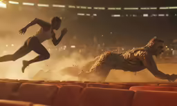 a male running next to a fake tiger in a stadium