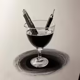 a black pen in a glass with ink