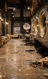a dirty room with many dirty dryers and other items