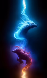 a dragon flying next to another dragon with bright orange light