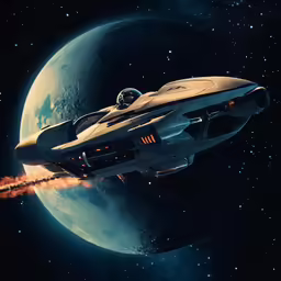 an artistic rendering of a sci - fi spaceship flying in front of the moon
