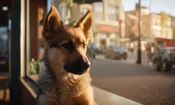 a dog with a blurry background looks out a window