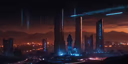 a very sci cityscape, with a lot of lights on,a nighttime photo with very detailed and vibrant lights