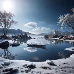 this is a photograph of a lake with snow on it