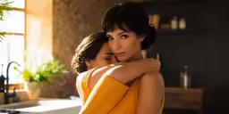 two beautiful women hugging each other in a kitchen