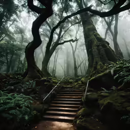 moss covered steps lead to a wooded area