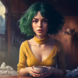 this is an artistic painting of a girl holding a bowl