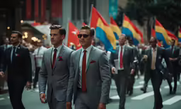 men walking in suits through the street