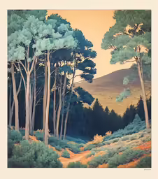 trees in a painting with green grass and yellow clouds