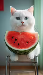 the cat is sitting on the stand with watermelon