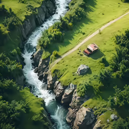 aerial shot of houses in the middle of a small stream