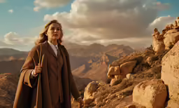 an older lady walking on top of a rocky mountain