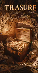 an open trunk with the lid missing and the words treasure on top