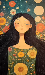 a painting of a woman surrounded by sunflowers and other small objects