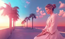 a woman is sitting on a wall looking out over the ocean