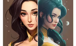 two illustrations of disney princesses, each with dark hair and black hair