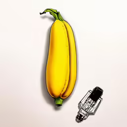 a ripe banana sits beside a wire lantern