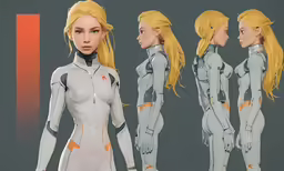 a female character poses in a futuristic suit