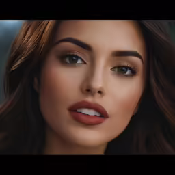 a woman with long brown hair wearing a red lipstick and bronze eyeshadow