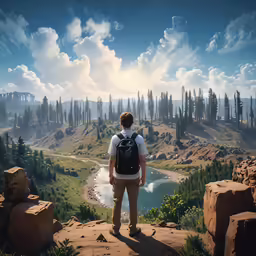 a man stands on top of a hill with a view of the mountains