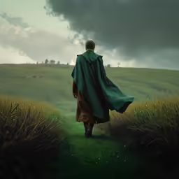 a person is walking on the grass while dressed in a raincoat
