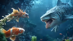 two fish with open mouth and very long teeth in the water