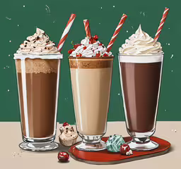 a painting of three different kinds of coffee,three cups of different types of milkshakes on a table