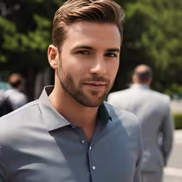 a man is standing outdoors looking at the camera
