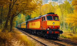 an oil painting of a train traveling along train tracks,an orange and yellow train on railroad tracks