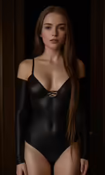 a woman in black with sheer tight clothes