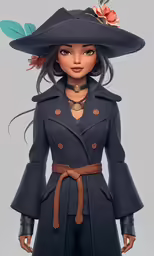 a girl wearing a black hat and long coat