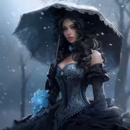 a woman with an umbrella wearing black and holding blue flower,the dark lady has an umbrella over her head