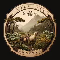 a horse with two other horses standing around it in front of a forest