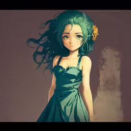 a girl wearing a green dress and a yellow flower