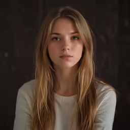 a girl with long hair in a sweater is looking at the camera