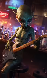 a cartoon creature sitting on a stool while holding a guitar